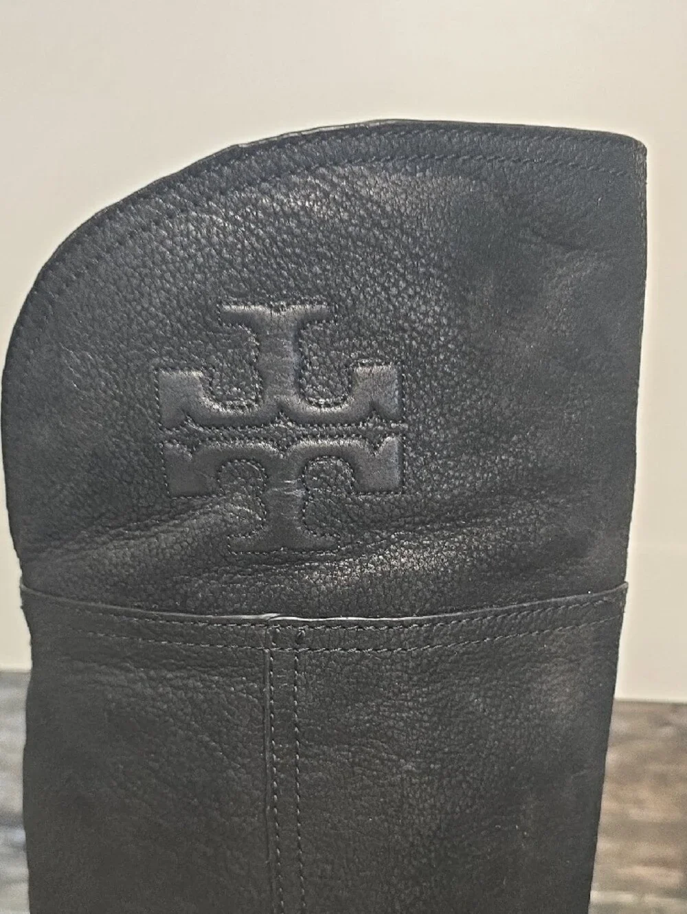 Tory Burch Black Leather Knee-High Riding Boots with Embossed Logo